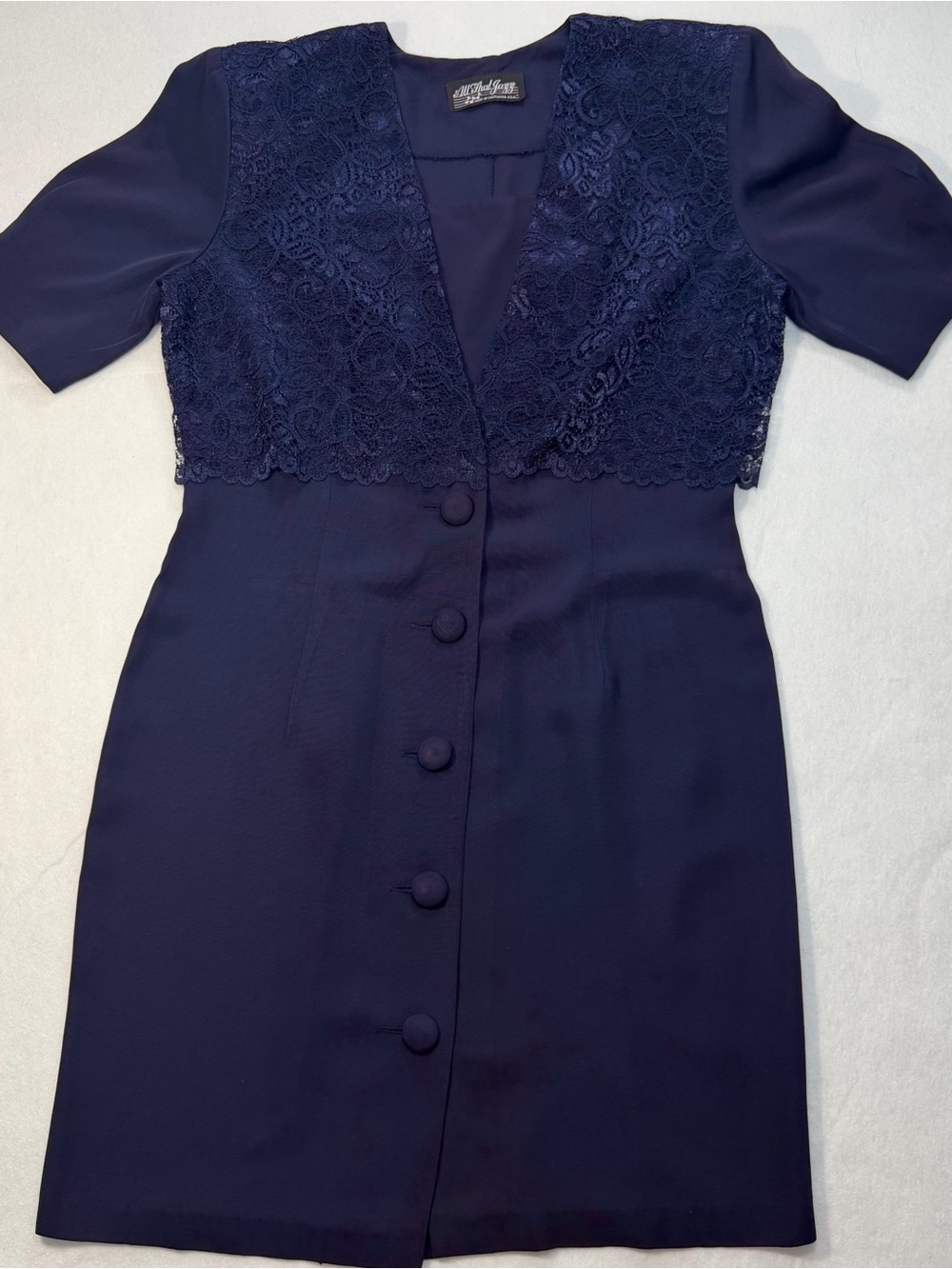 Vintage All That Jazz Navy Lace Button Front Midi Dress Made USA 90s